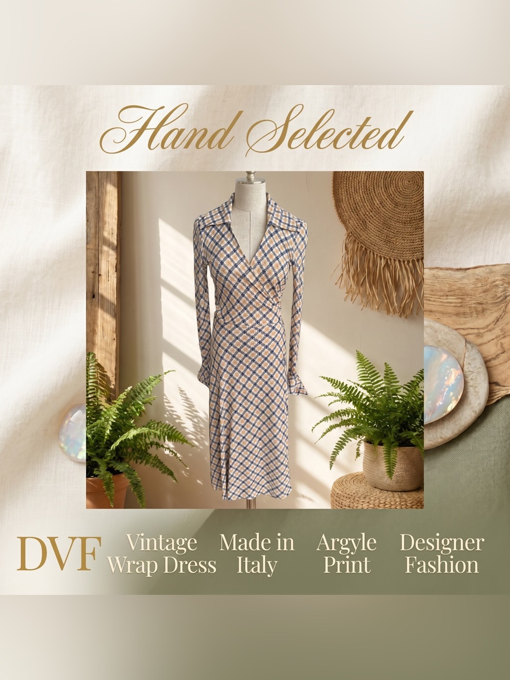 Vintage Diane von Furstenberg Made in Italy Argyle Wrap Dress - Tan & Navy